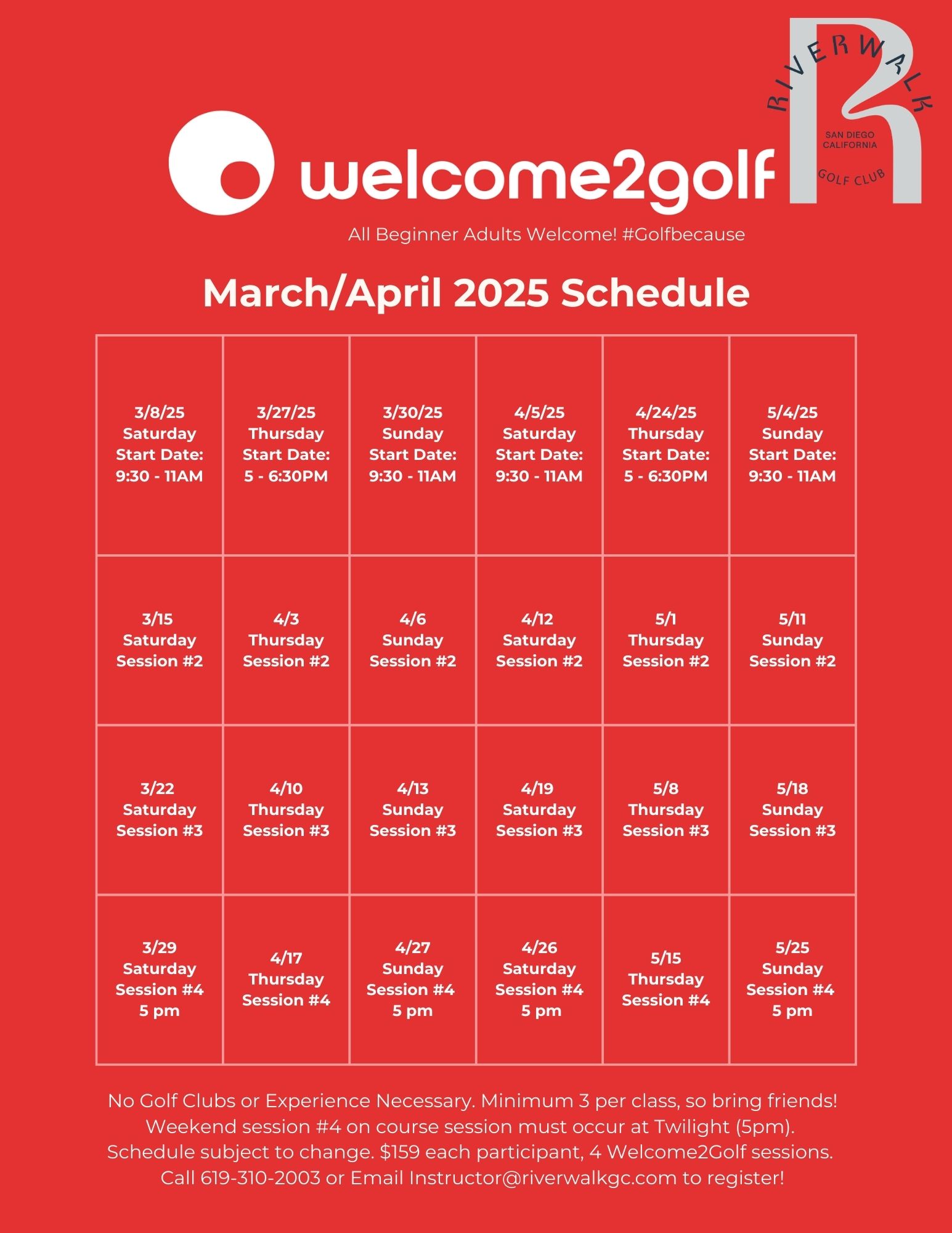 Welcome2Golf Lessons schedule for March/April